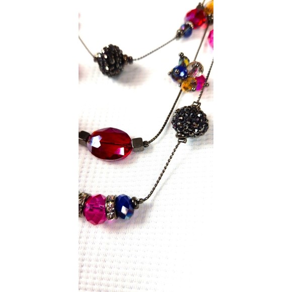 Triple Strand Bling Bead Necklace Black Chain Assorted Glass Bead Stations 20 in - Picture 2 of 7